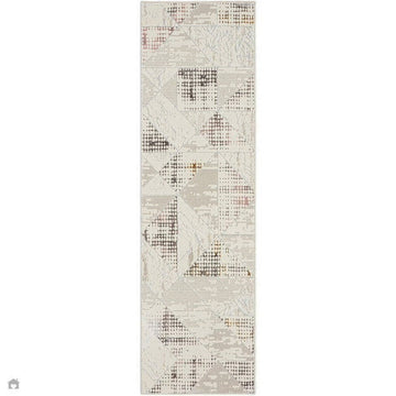 Glitz GLZ04 Modern Abstract Tiled Geometric Grid Distressed Metallic Shimmer Hi-Low Textured Soft-Touch Polyester Low Profile Short-Pile Ivory/Beige/Grey/Multicolour Runner-Nourison-Rug Love - The Most Loved Rug Store